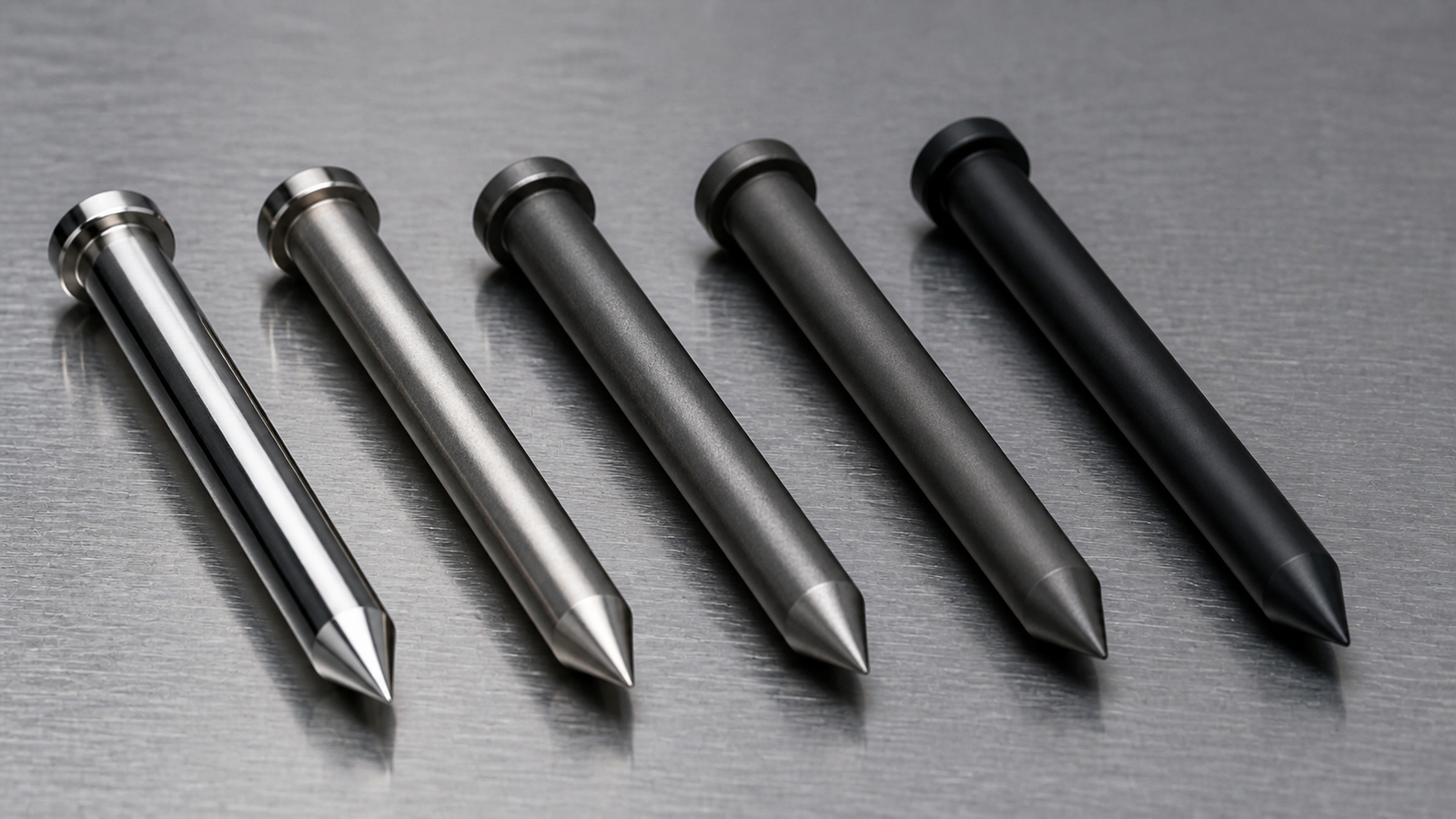 Different steel core pins showing varied surface treatments and finishes