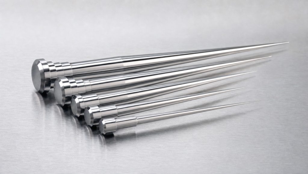 Custom precision-machined core pins on brushed steel