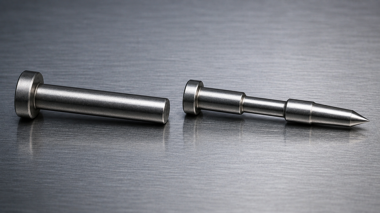 A catalog pin next to a custom-ground pin made to a specific print