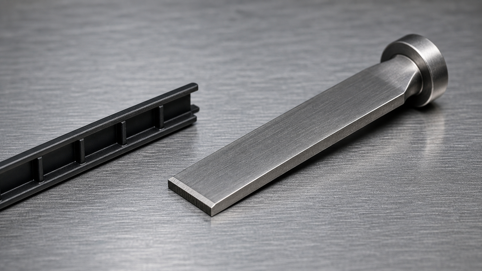A flat ejector blade pushing a thin rib feature out of a mold
