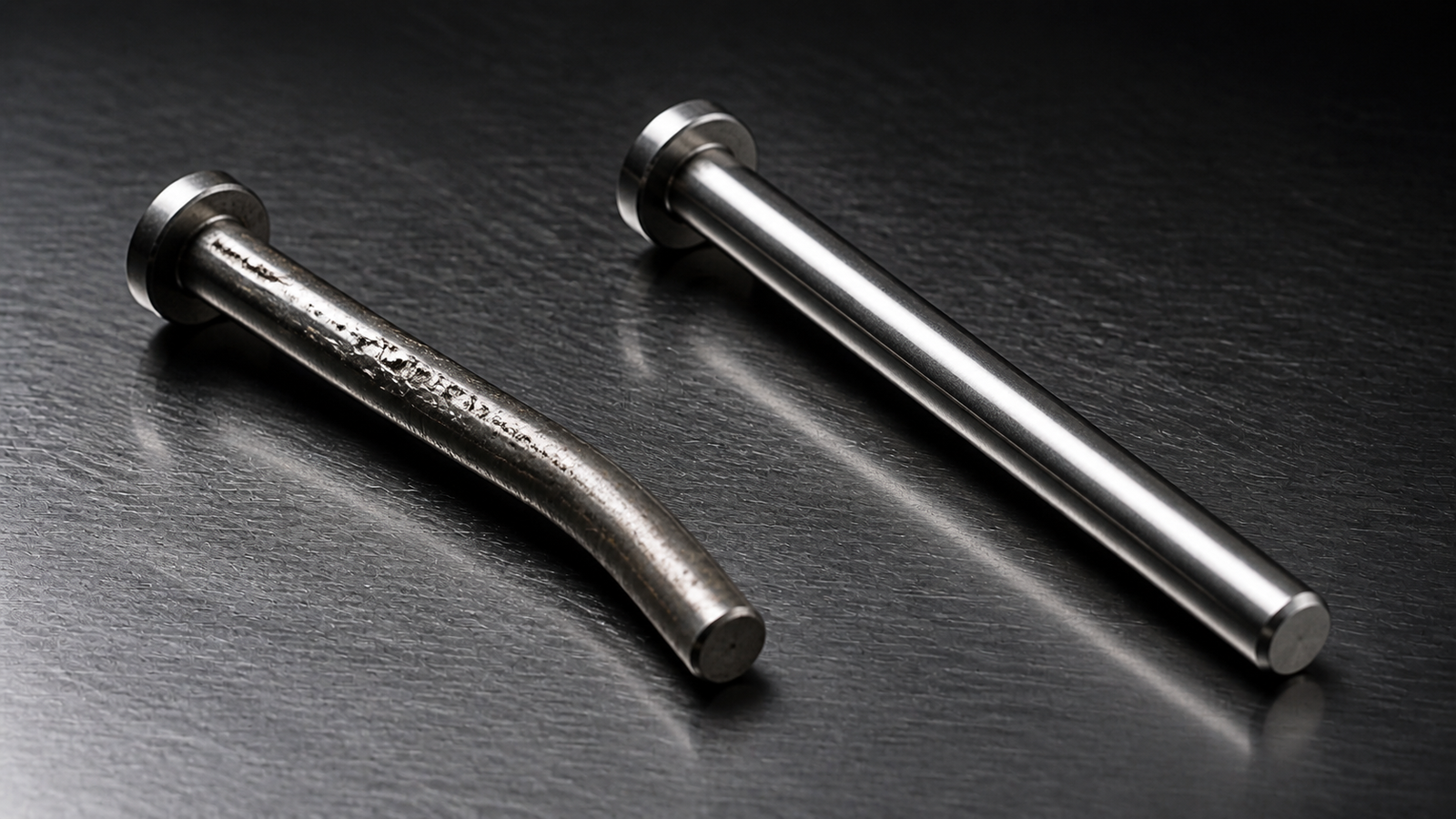 A bent and galled ejector pin next to a straight new one
