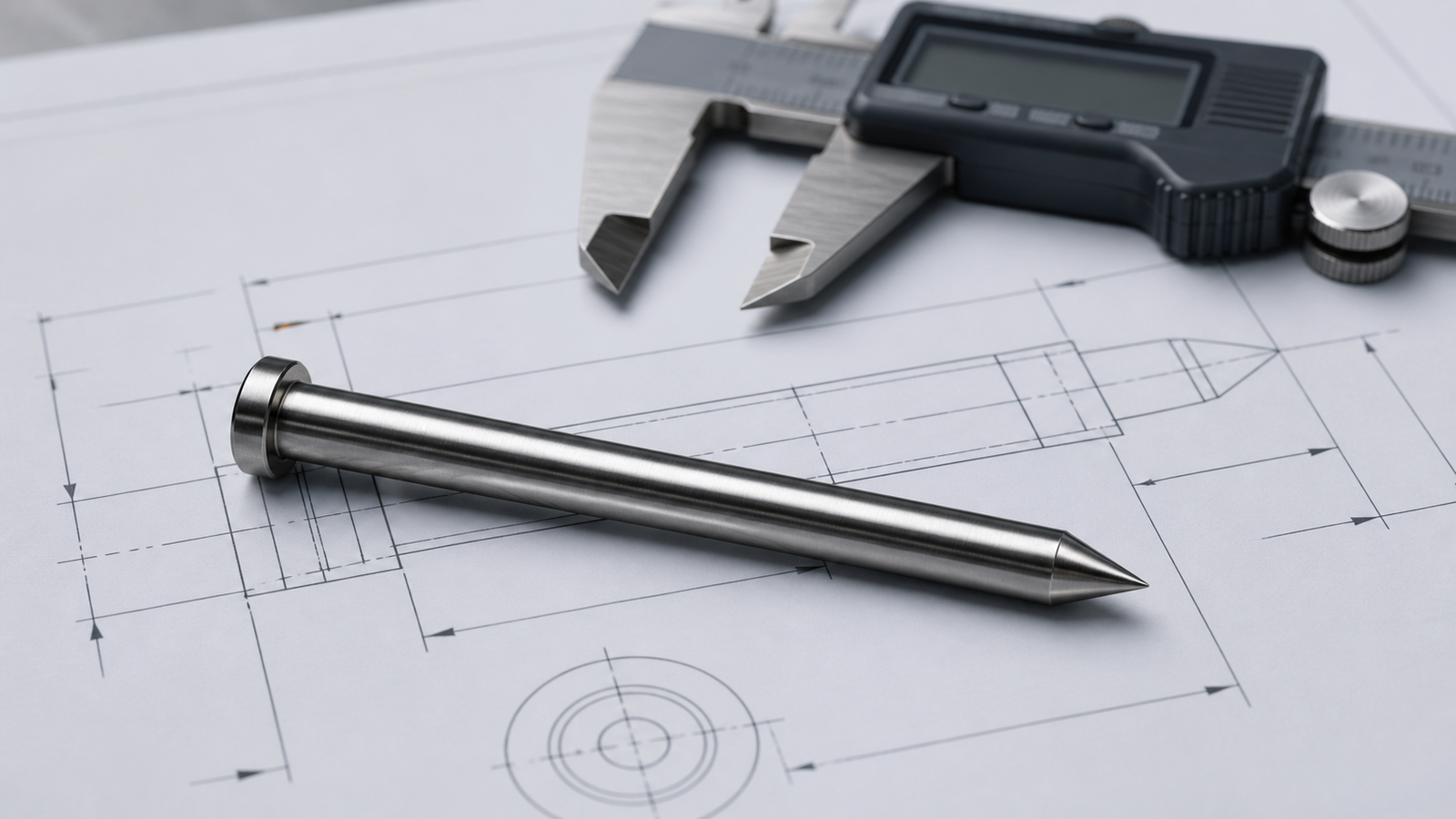 Engineering drawing of a core pin with diameter, length, and head callouts