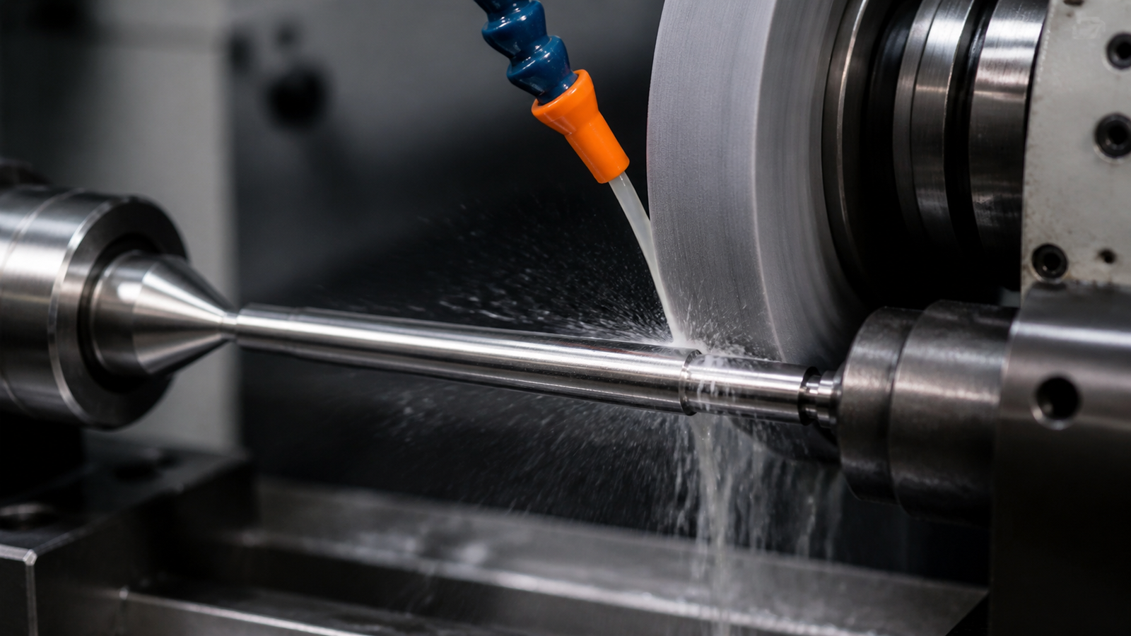 A core pin being finished on a cylindrical grinder to a mirror surface